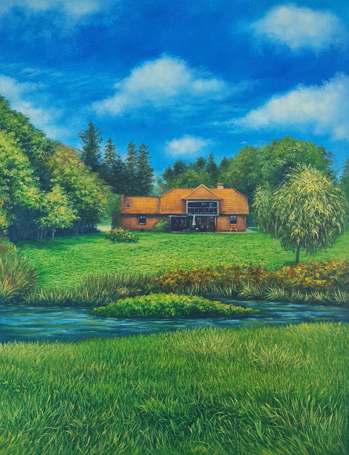 Painting of a house on a field